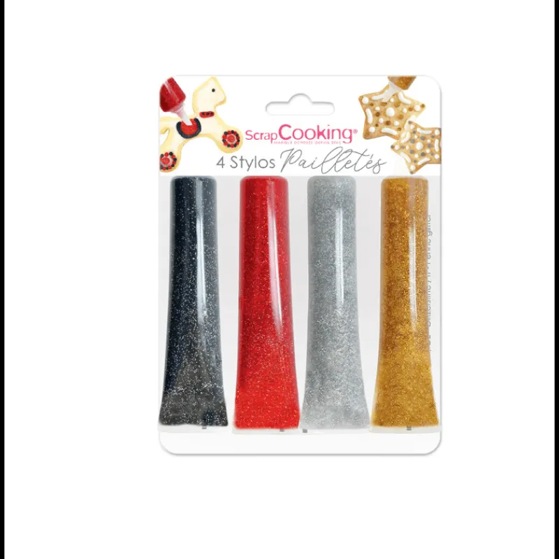 SCRAPCOOKING Nappages Et Glaçages|4 Stylos Glaçage Pailletés Noir Rouge Argenté Doré