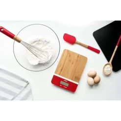 PEBBLY Balance De Cuisine|Balance de Cuisine Electronique Bambou Rectangle Rouge 23 x 16 cm