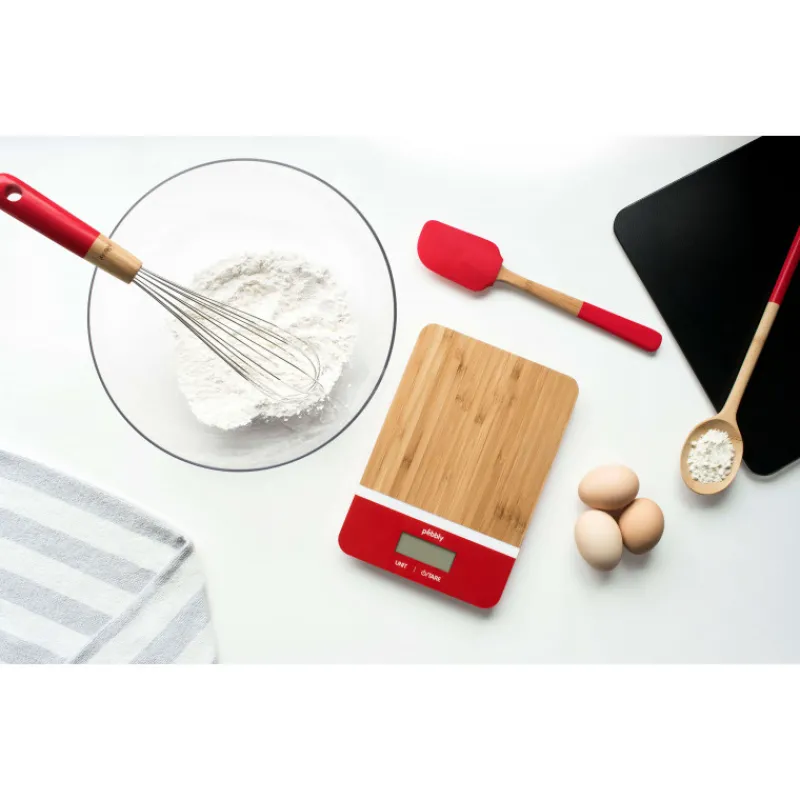 PEBBLY Balance De Cuisine|Balance de Cuisine Electronique Bambou Rectangle Rouge 23 x 16 cm