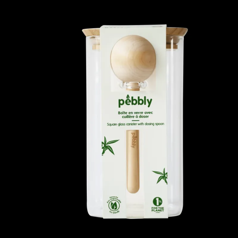 PEBBLY Conservation|Boite de Conservation Carrée en Verre et Bambou avec Cuillère Doseuse 1,4 L