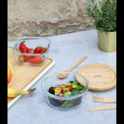 PEBBLY Plat De Cuisson|Conservation|Boîte de Conservation en Verre et Bambou Rond 620 ml