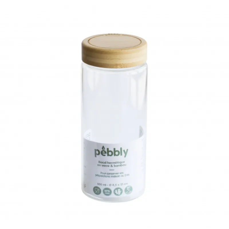 PEBBLY Conservation|Boîte de Conservation en Verre et Bambou Rond 850 ml