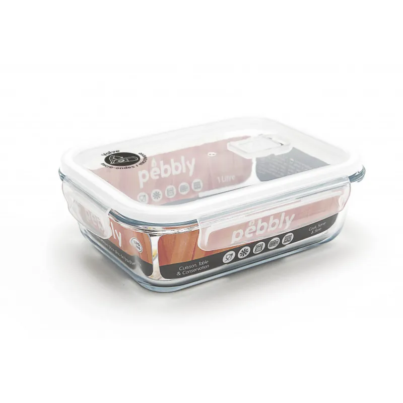 PEBBLY Plat De Cuisson|Conservation|Boîte de Conservation en Verre Rectangle 1 L