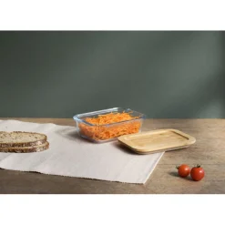 PEBBLY Plat De Cuisson|Conservation|Boîte de Conservation en Verre et Bambou Rectangle 640 ml
