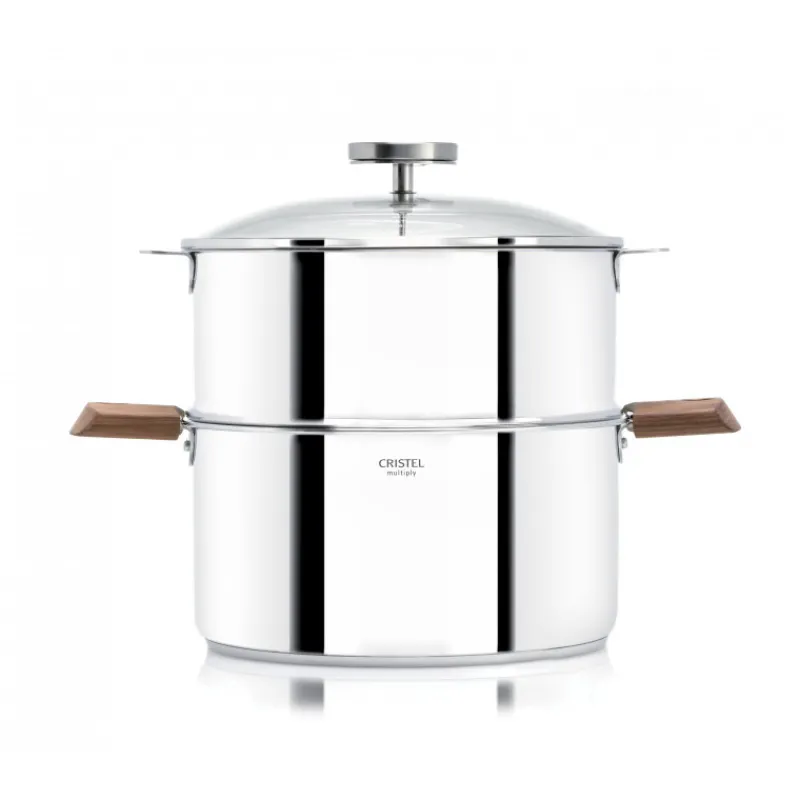 CRISTEL Cuiseur Vapeur|Casseroles|Casserole et Cuit Vapeur Inox Ø 24 cm Anses Noyer Biome