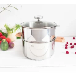 CRISTEL Cuiseur Vapeur|Casseroles|Casserole et Cuit Vapeur Inox Ø 24 cm Anses Hêtre Biome