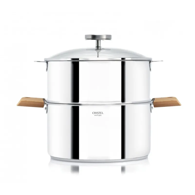 CRISTEL Cuiseur Vapeur|Casseroles|Casserole et Cuit Vapeur Inox Ø 24 cm Anses Hêtre Biome