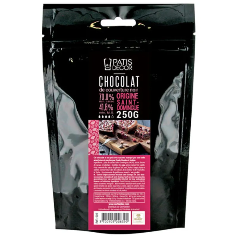 PATISDECOR Chocolat De Couverture|Chocolat Noir Origine St Domingue 250 g Patisdécor