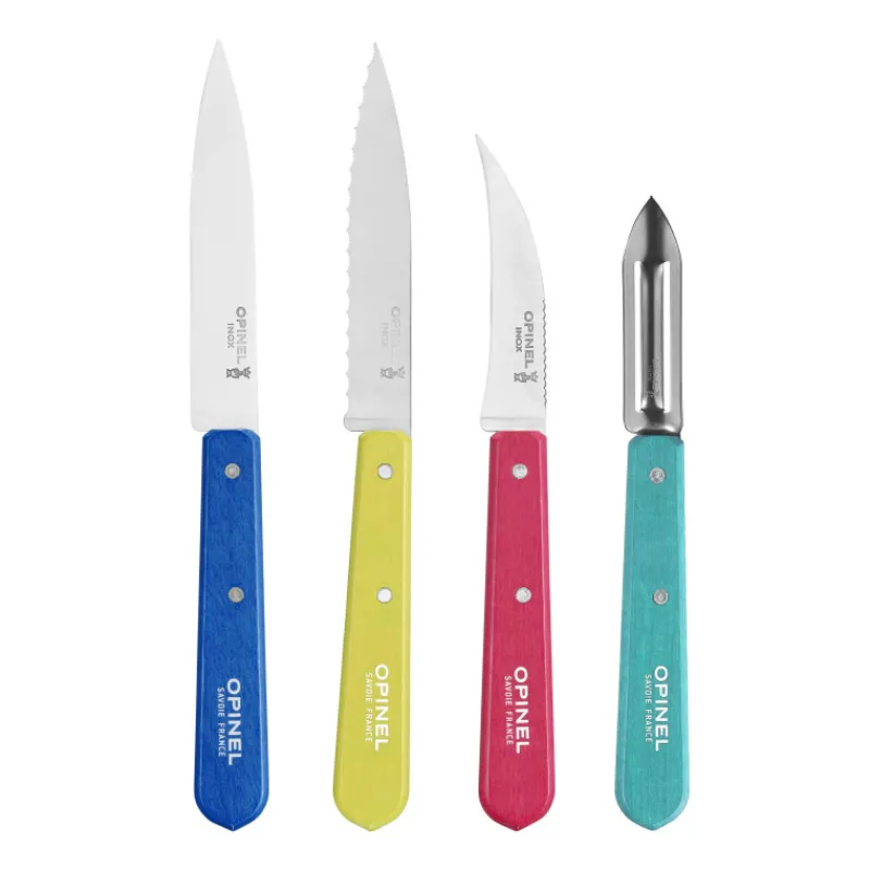 OPINEL Couteau D'office|Eplucheurs, Dénoyauteur|Coffret 3 Couteaux de Cuisine et un Eplucheur Pop 80 Les Essentiels
