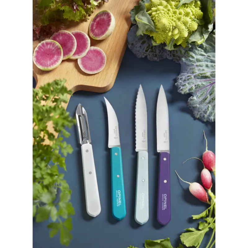 OPINEL Couteau D'office|Eplucheurs, Dénoyauteur|Coffret 3 Couteaux de Cuisine et un Eplucheur Art Déco Les Essentiels