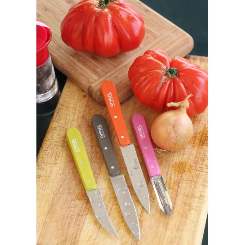 OPINEL Couteau D'office|Eplucheurs, Dénoyauteur|Coffret 3 Couteaux de Cuisine et un Eplucheur Fifties Les Essentiels