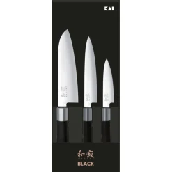 KAI Couteau Santoku|Couteau Japonais|Coffret 3 Couteaux Japonais Universel 10 cm Universel 15 cm et Santoku 16,5 cm Wasabi Black