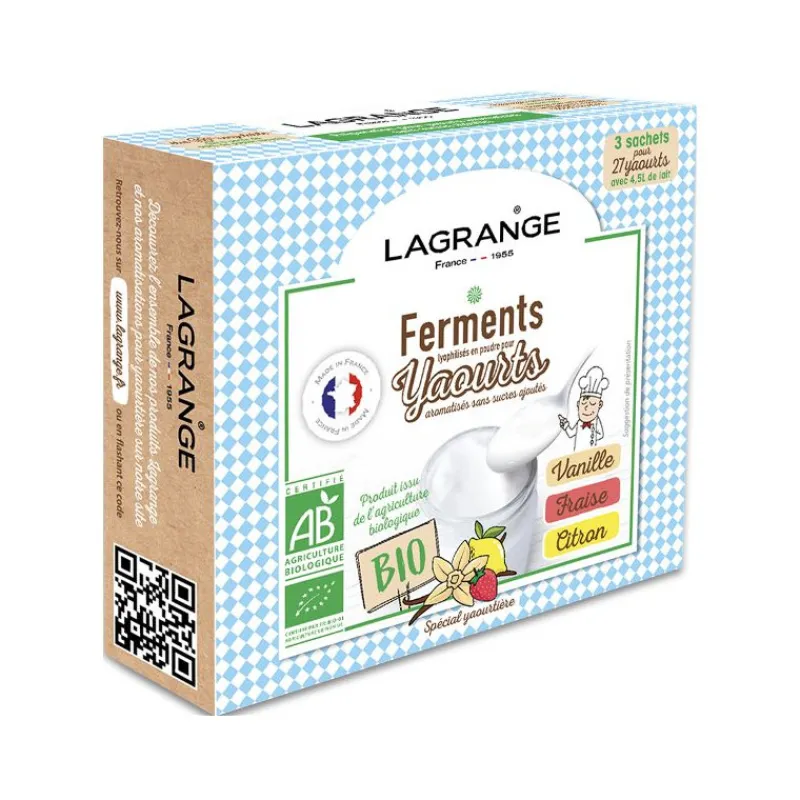 LAGRANGE Yaourtière|Additifs Alimentaires|Ferment Lactique Bio 3 Sachets 12g Vanille, Fraise et Citron