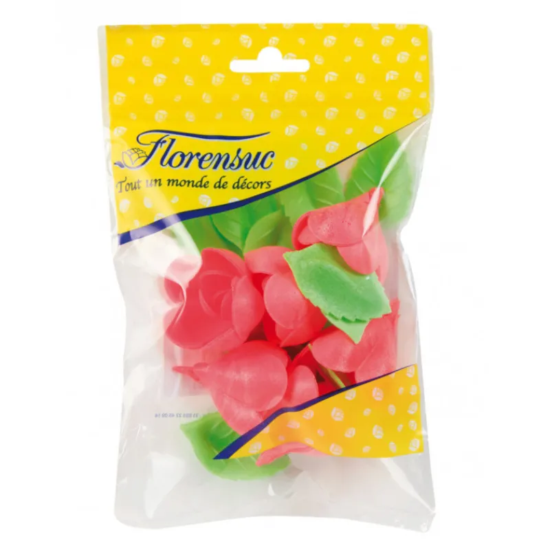 FLORENSUC Décoration Comestible|Fleurs de rose carmin x6, grandes feuilles x12 - en Azyme