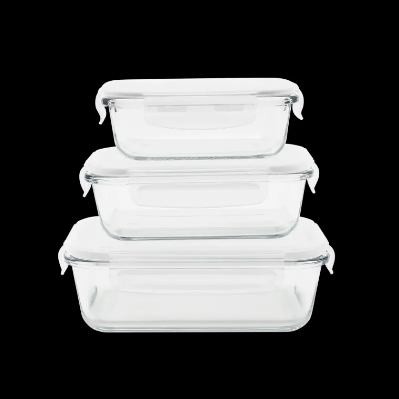 PEBBLY Plat De Cuisson|Conservation|Lot 3 Boîtes de Conservation en Verre Rectangle