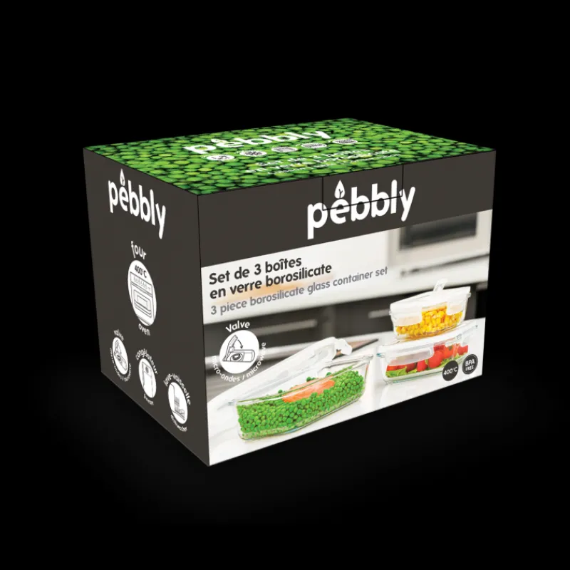PEBBLY Plat De Cuisson|Conservation|Lot 3 Boîtes de Conservation en Verre Rectangle