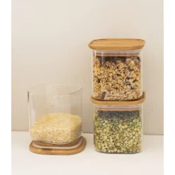 PEBBLY Conservation|Lot 3 Boîtes de Conservation en Verre et Bambou Carré 800 ml