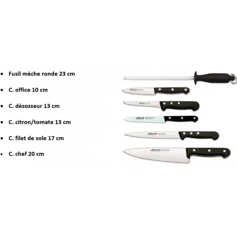 ARCOS Rangement Couteaux|Mallette de cuisine 5 couteaux de cuisine et un fusil Universal Noir