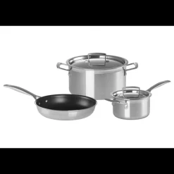 LE CREUSET Batterie De Cuisine|Marmites|Set 3 Pièces Faitout, Poêle et Casserole avec Couvercle Inox