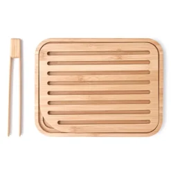 PEBBLY Planches À Découper|Pince De Cuisine|Set Planche à Pain 26 x 20 cm + Pince à Toast Bambou